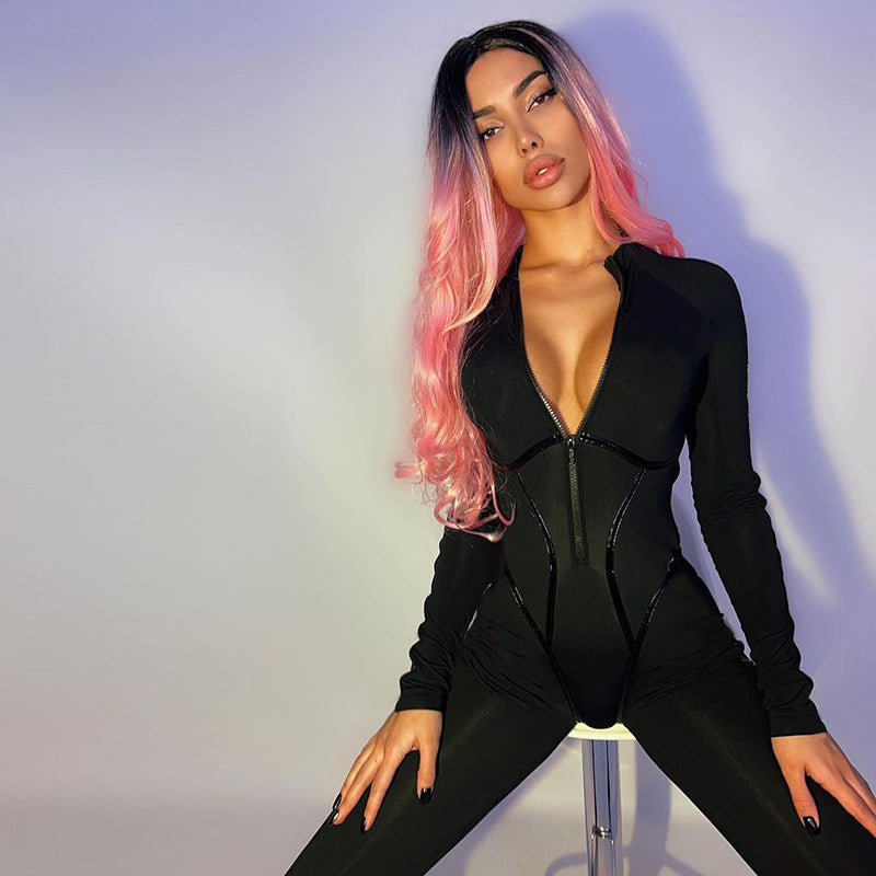 Sports Long Sleeve Zipper Tight Jumpsuit