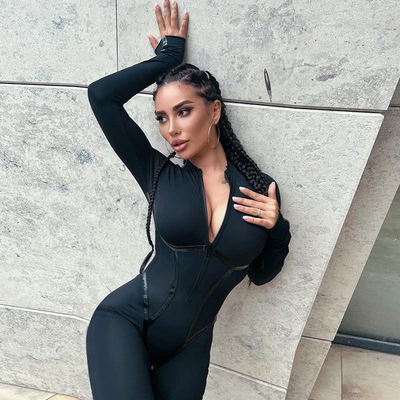 Sports Long Sleeve Zipper Tight Jumpsuit