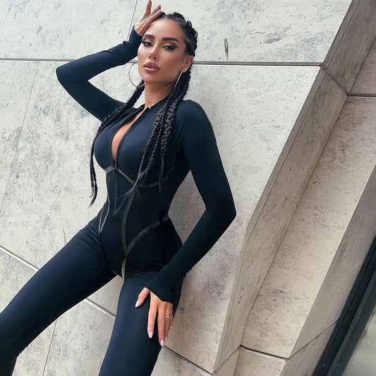 Sports Long Sleeve Zipper Tight Jumpsuit