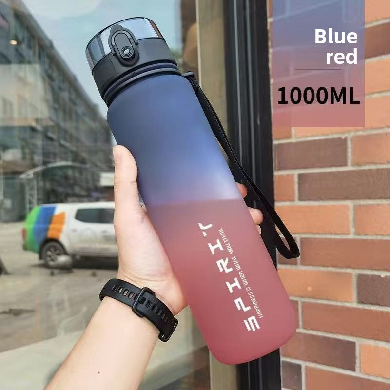 The sports water cup is made of plastic with a large capacity