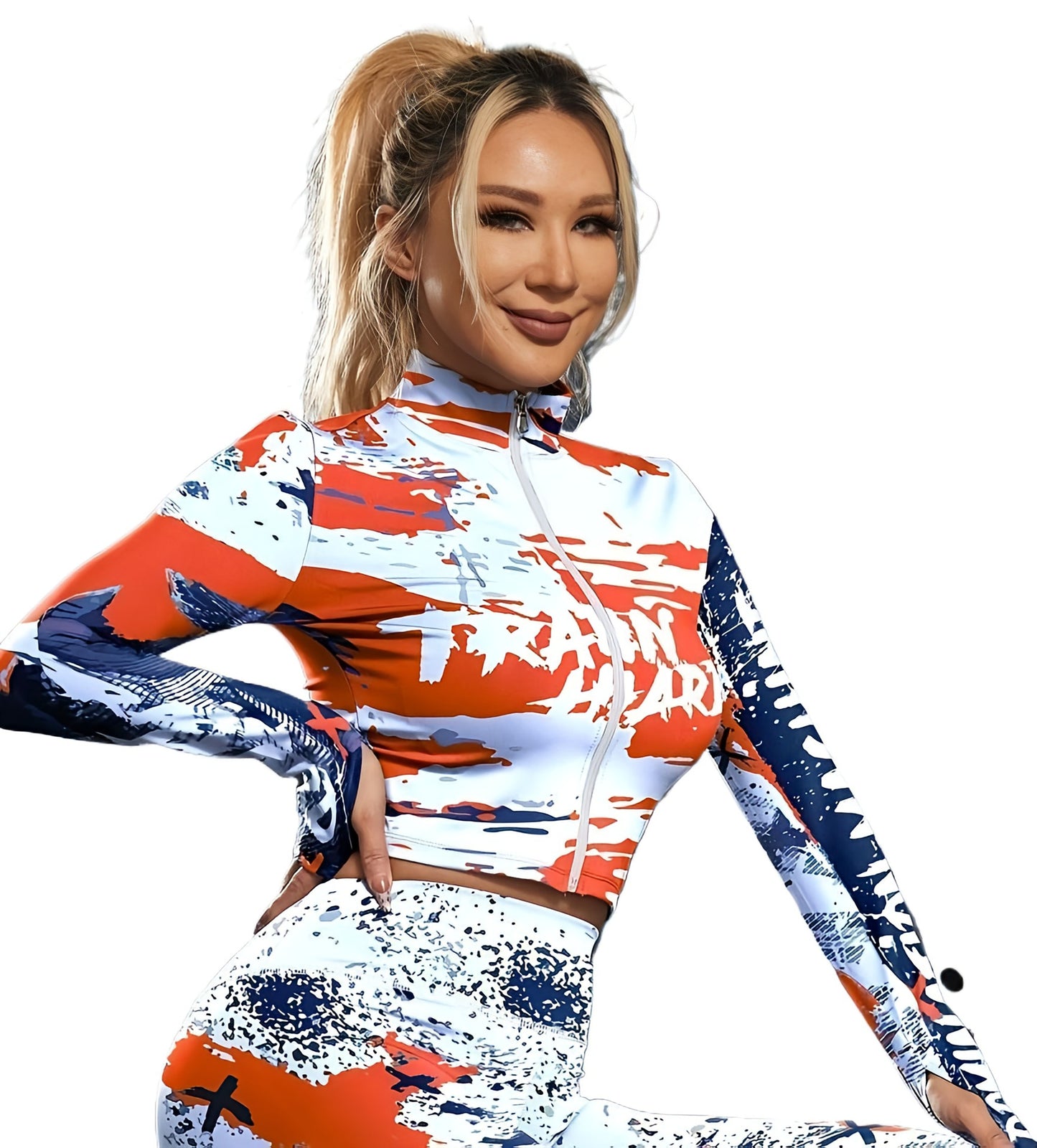 Printed Zipper Top Yoga Suit Set