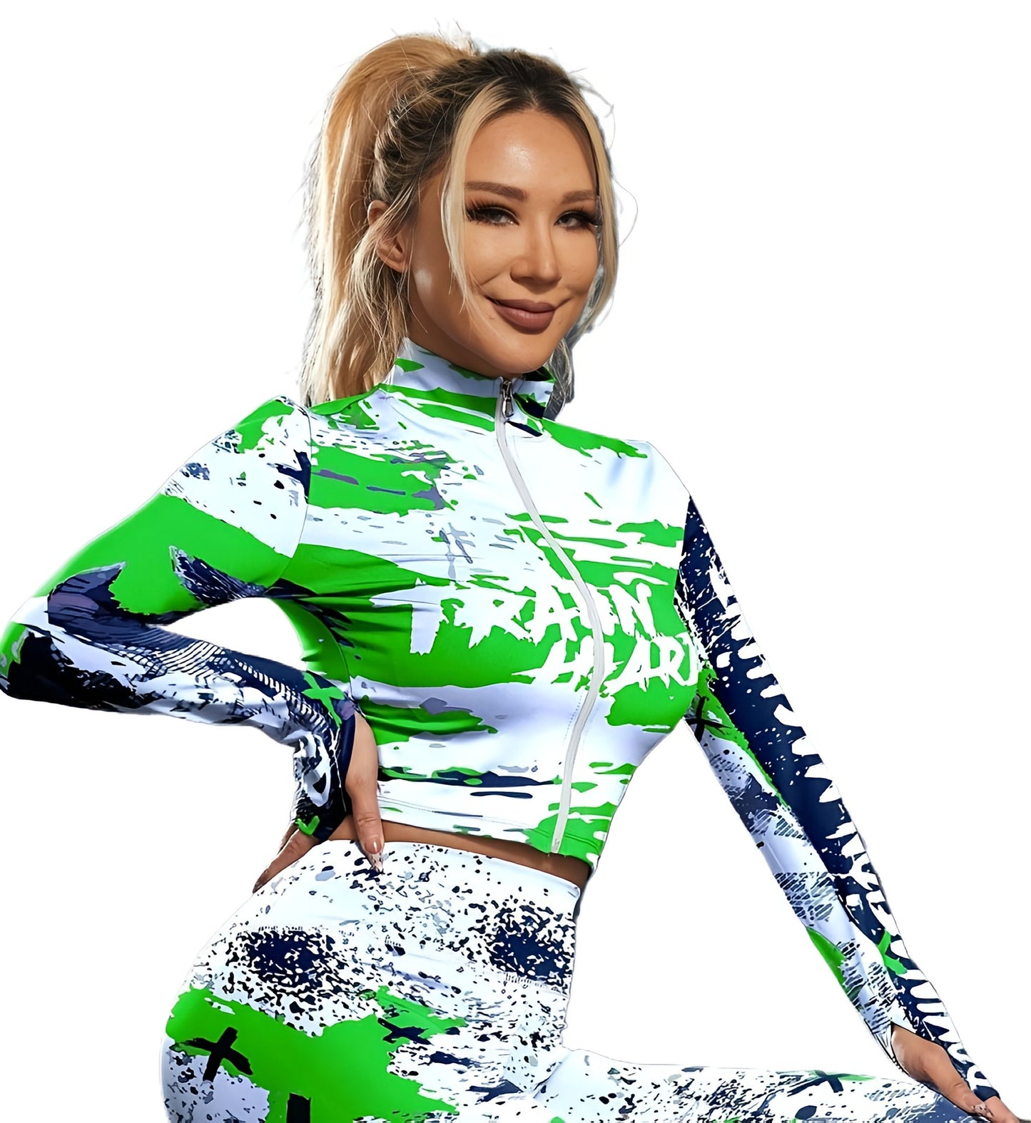 Printed Zipper Top Yoga Suit Set