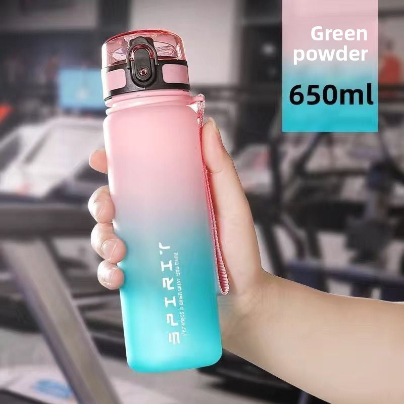 The sports water cup is made of plastic with a large capacity