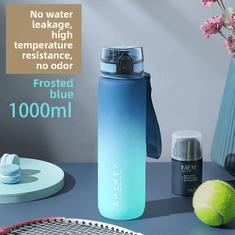 The sports water cup is made of plastic with a large capacity