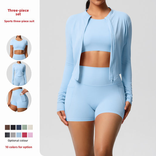 A three-piece yoga fitness suit for women