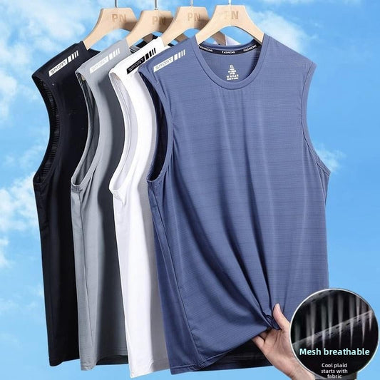 Ice Silk Vest Men's Summer Quick-drying Cut-off Sleeve Mesh Sleeveless T-shirt plus size Men's Loose Hurdling Sports Cross Sleeve